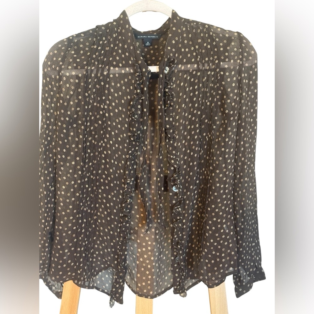 Banana Republic Vintage Brown Sheer Polka Dot Ruffle Blouse 100% silk